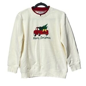 Speculation Petite Cream Red Truck Christmas Tree Embroidered Sweatshirt Size PS